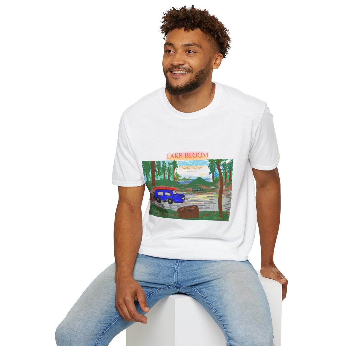 Lake Bloom Scenic T-Shirt — Vintage Camper Van Lake Sunset Design