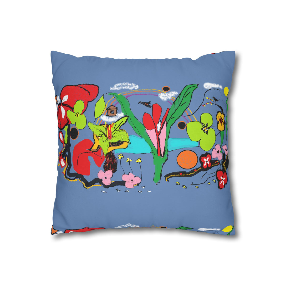 Botanical Bloom Decorative Pillowcase — Blue Floral Canvas Square Pillow