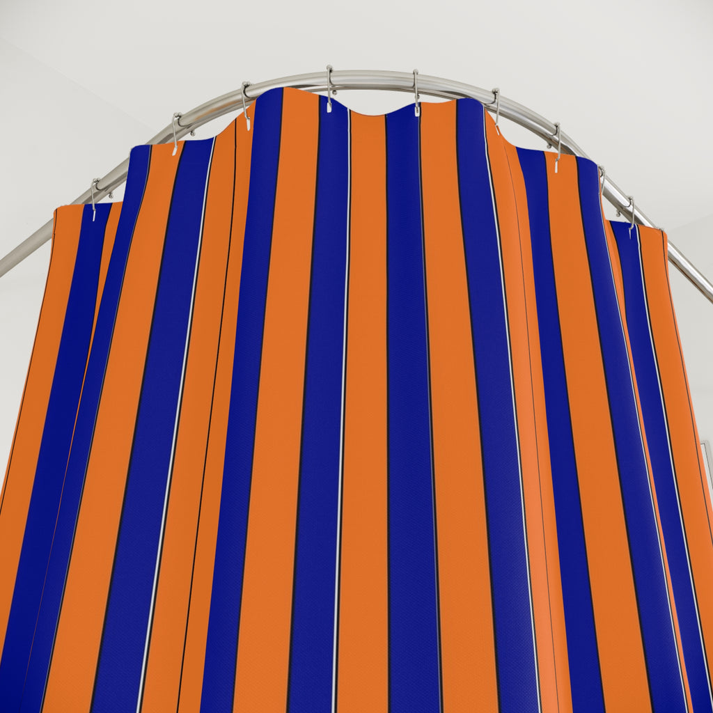 Bold Navy & Orange Vertical Stripe Shower Curtain — Modern Bathroom Decor