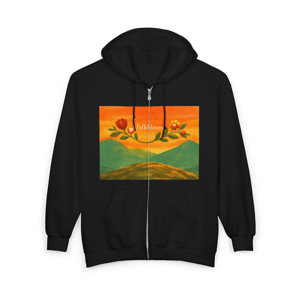 Full-Zip Hoodie — 'Folk Bloom' Floral Sunset Zip-Up