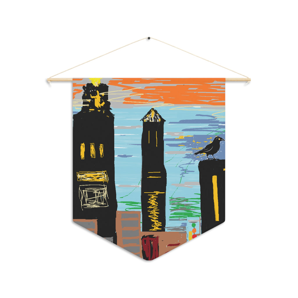 City Skyline Pennant Wall Banner — Sunset Towers with Crow Art