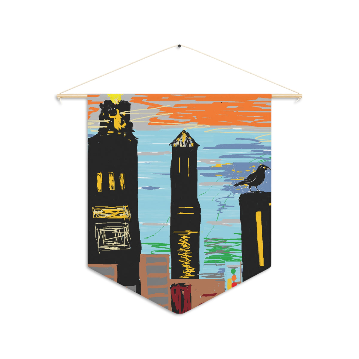 City Skyline Pennant Wall Banner — Sunset Towers with Crow Art