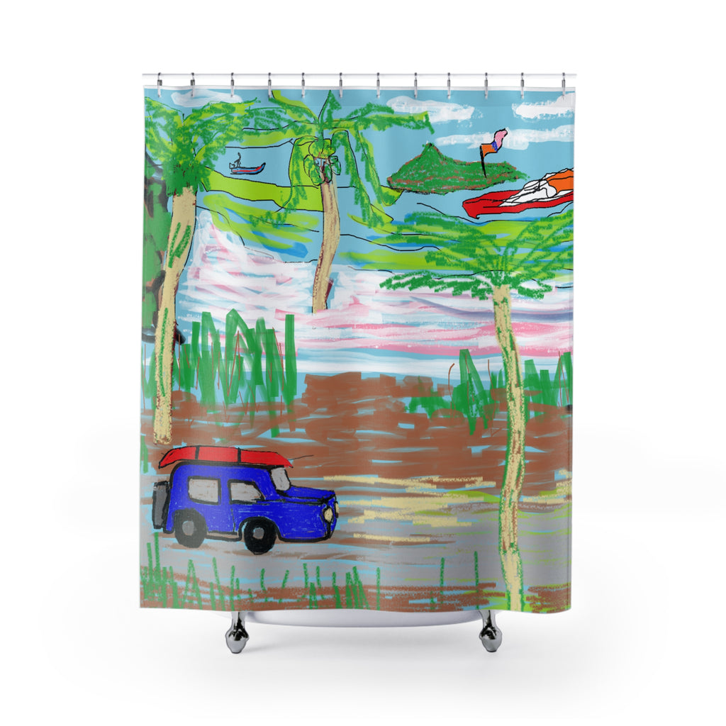 Coastal Road Trip Shower Curtain — Hand-Drawn Beach, Kayak & SUV Bathroom Decor