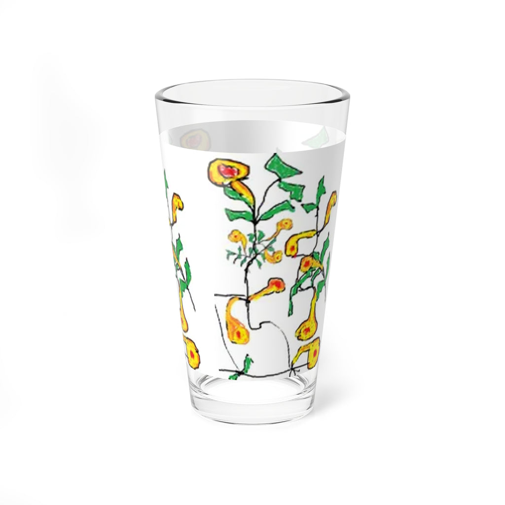 16oz Floral Mixing Glass – Hand-Drawn Yellow Wildflower Cocktail Glass
