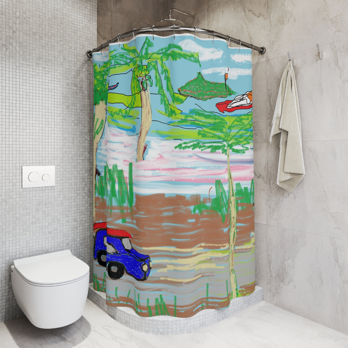 Coastal Road Trip Shower Curtain — Hand-Drawn Beach, Kayak & SUV Bathroom Decor