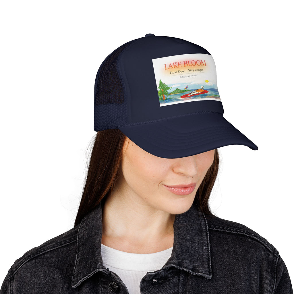 Lake Bloom Trucker Hat – Retro Lake Scene Foam Cap (Boat & Sunset)