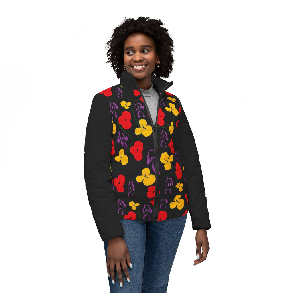 Floral Pop black Puffer Jacket – Women's Colorful All-Over Print Winter Coat