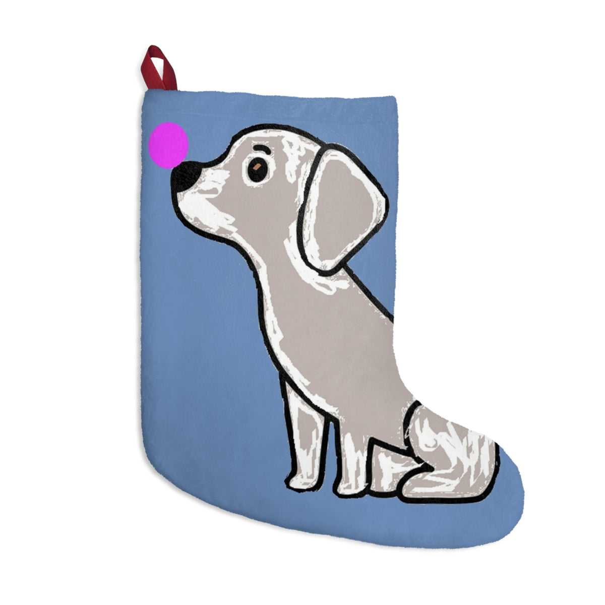 Gray Dog Illustration Christmas Stocking | Blue Holiday Stocking with Puppy