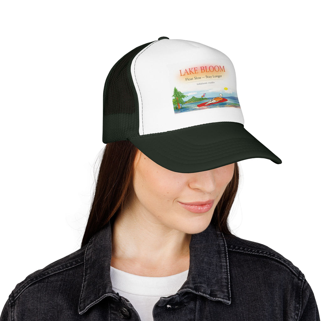 Lake Bloom Trucker Hat – Retro Lake Scene Foam Cap (Boat & Sunset)
