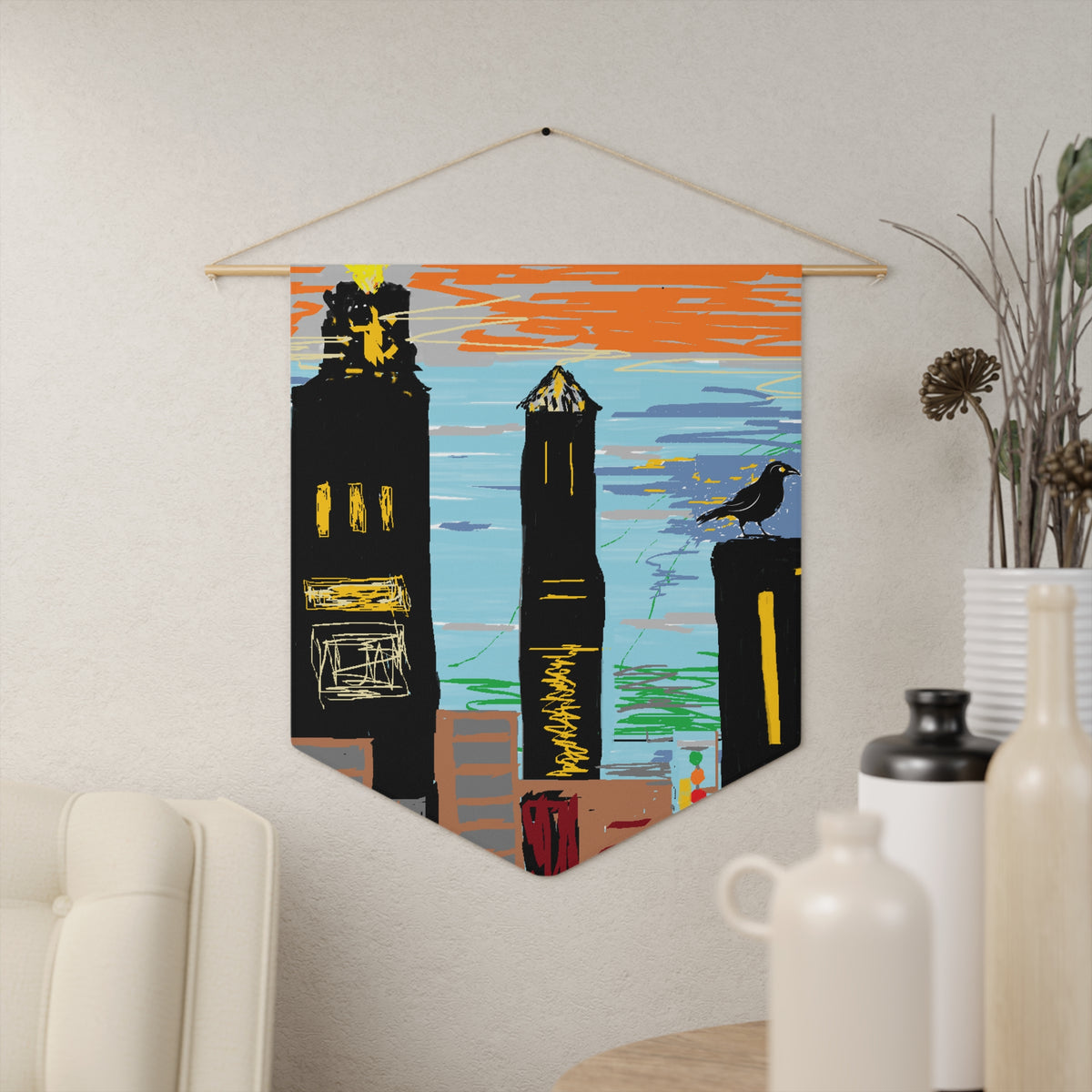 City Skyline Pennant Wall Banner — Sunset Towers with Crow Art