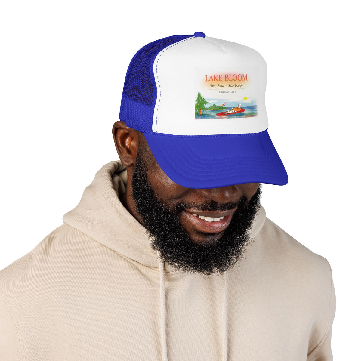 Lake Bloom Trucker Hat – Retro Lake Scene Foam Cap (Boat & Sunset)