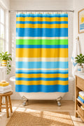 Striped Coastal Shower Curtain — Blue, Yellow & Green Beach Vibe