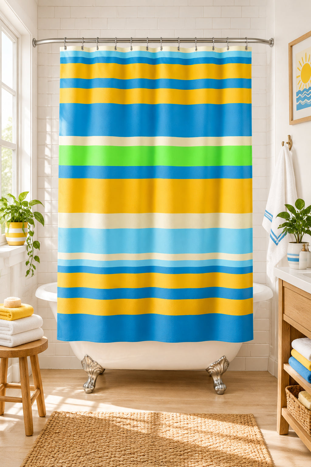 Striped Coastal Shower Curtain — Blue, Yellow & Green Beach Vibe