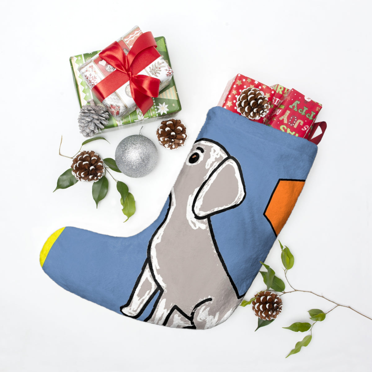 Gray Dog Illustration Christmas Stocking | Blue Holiday Stocking with Puppy