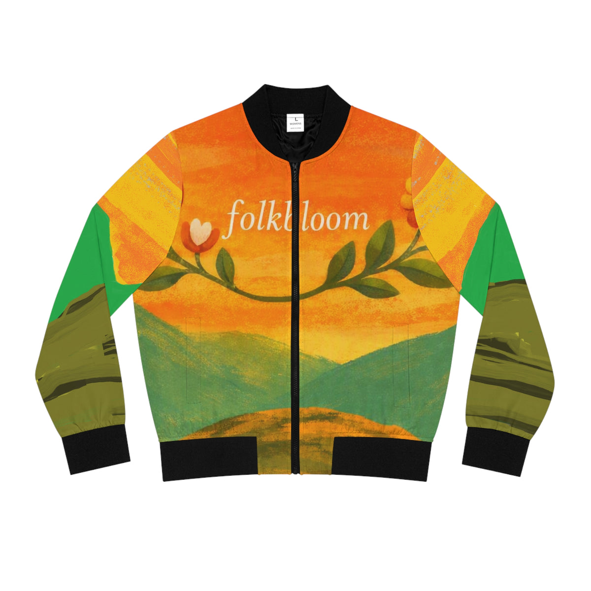 Folkbloom Floral Sunrise bomber jacket | landscape art, botanical motif