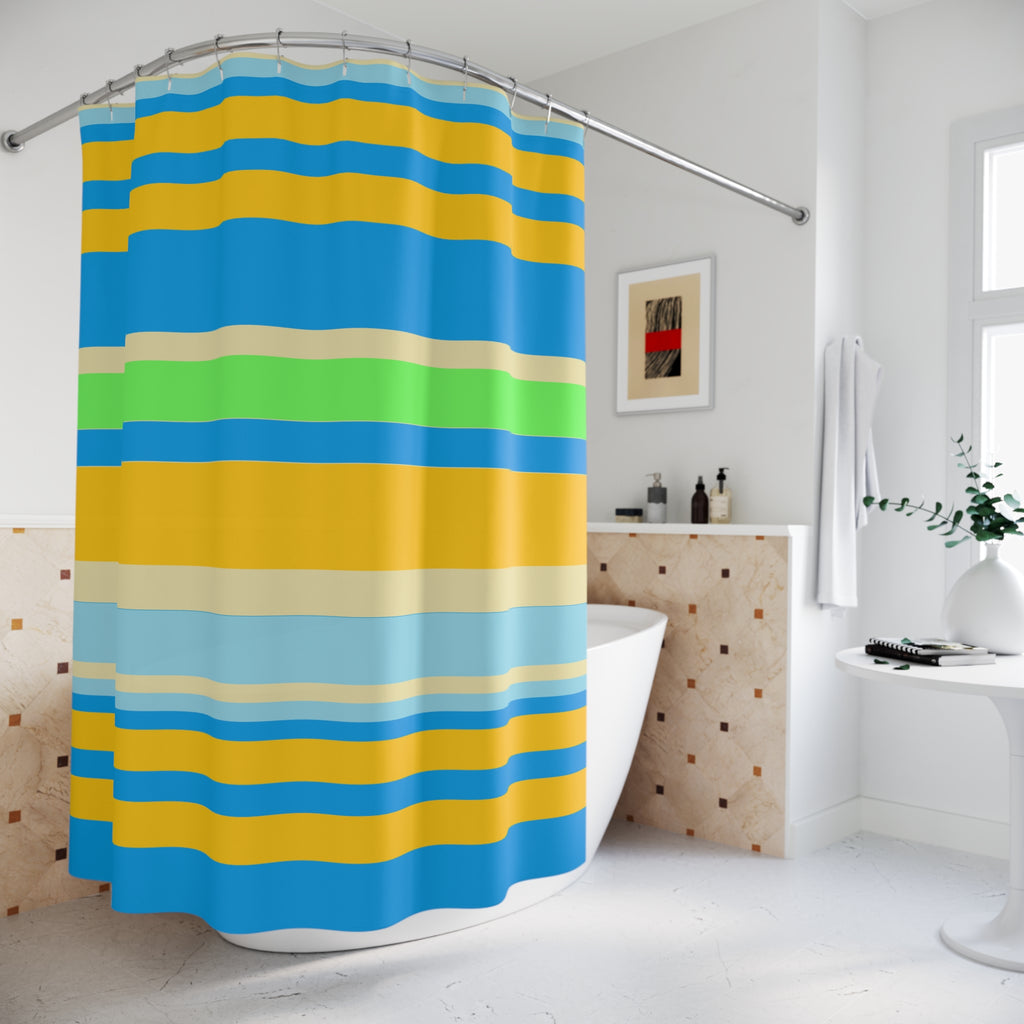 Striped Coastal Shower Curtain — Blue, Yellow & Green Beach Vibe