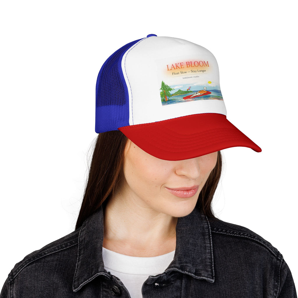 Lake Bloom Trucker Hat – Retro Lake Scene Foam Cap (Boat & Sunset)