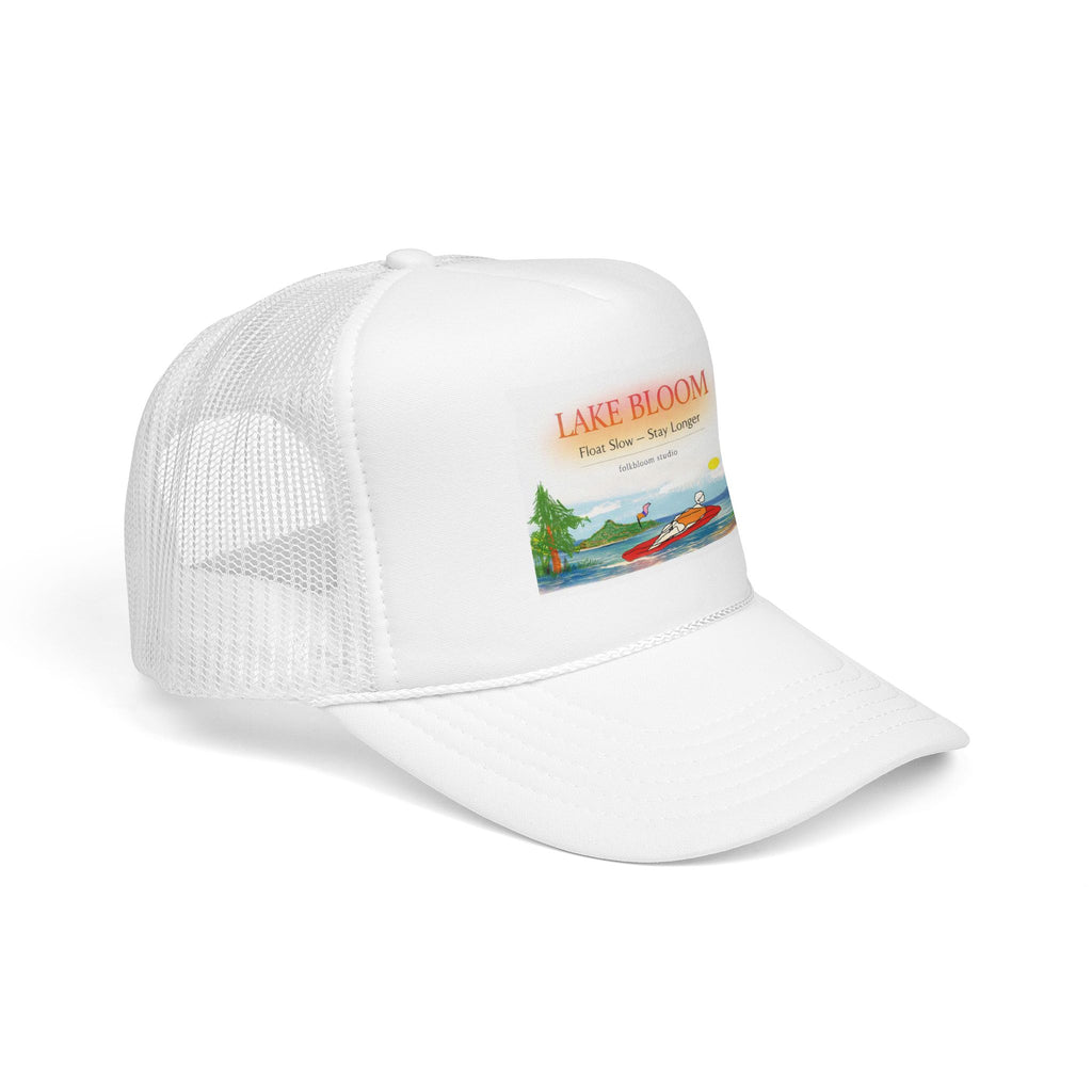 Lake Bloom Trucker Hat – Retro Lake Scene Foam Cap (Boat & Sunset)