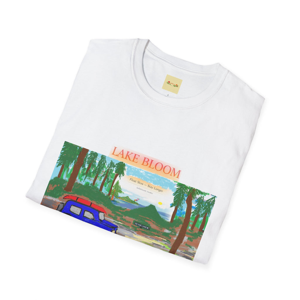 Lake Bloom Scenic T-Shirt — Vintage Camper Van Lake Sunset Design