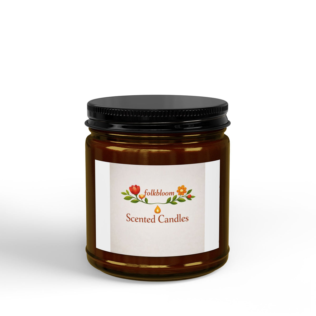 Scented Soy Candle Jar — 4oz & 9oz Amber Glass with Black Lid (FolkBloom Scents)