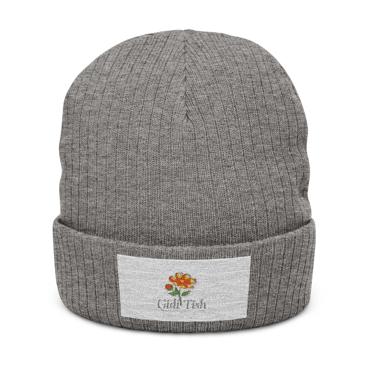 Embroidered Floral Ribbed Beanie – Cozy Knit Hat with Orange Flower Patch