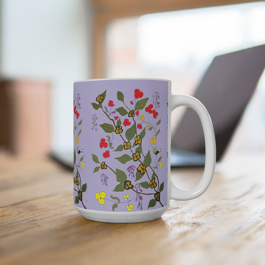 Hand-Drawn Floral Vine Mug | Purple Background, Red & Yellow Blooms