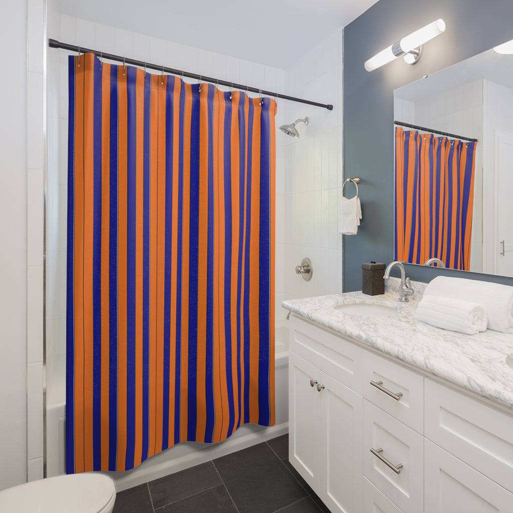 Bold Navy & Orange Vertical Stripe Shower Curtain — Modern Bathroom Decor