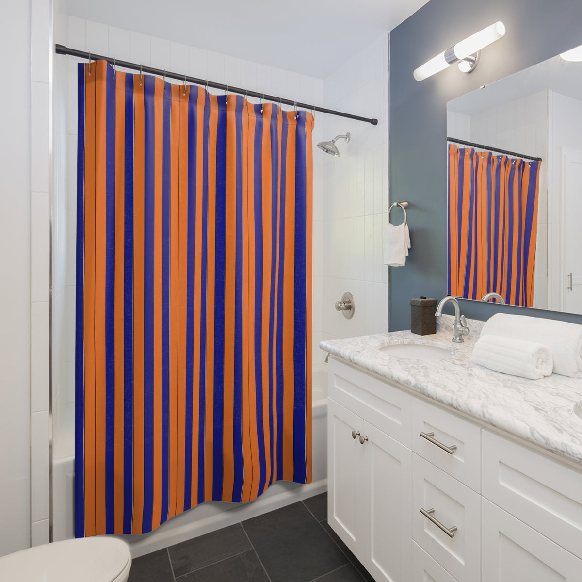 Bold Navy & Orange Vertical Stripe Shower Curtain — Modern Bathroom Decor