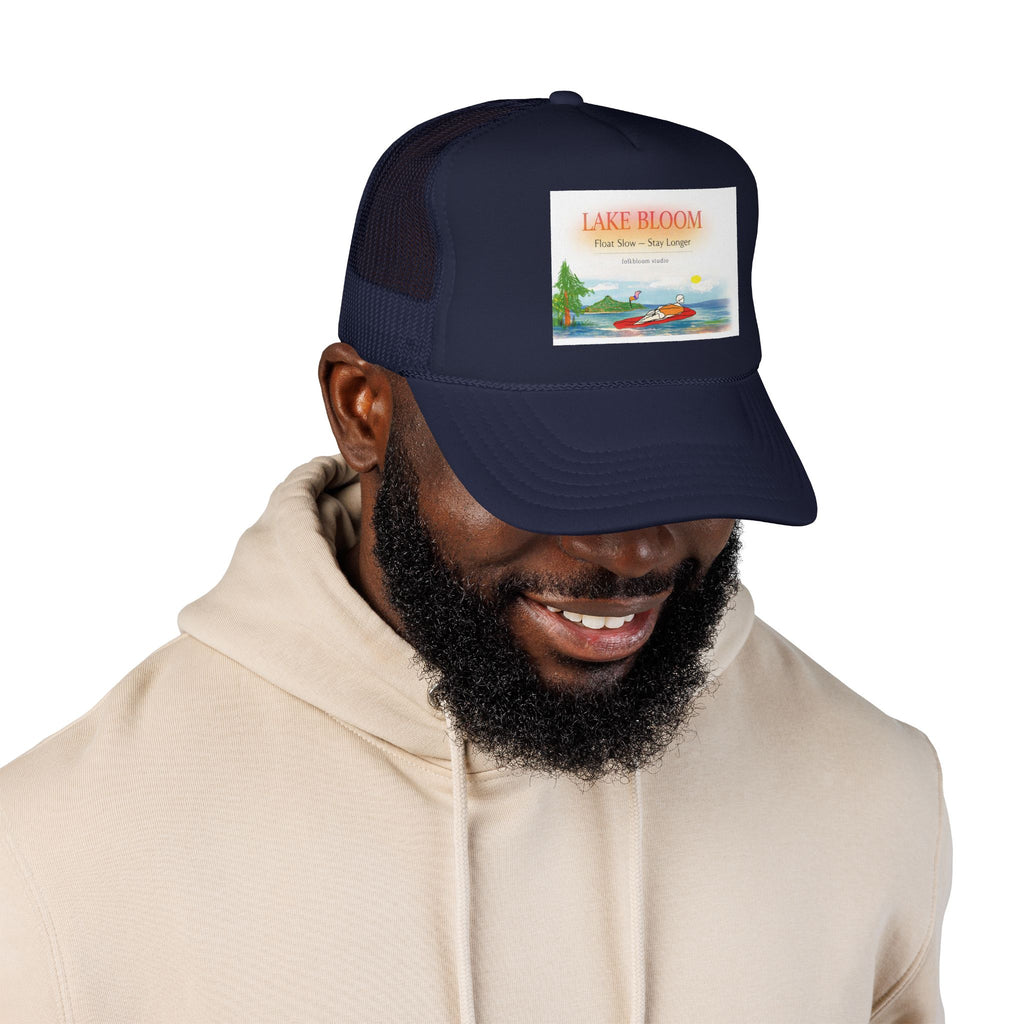 Lake Bloom Trucker Hat – Retro Lake Scene Foam Cap (Boat & Sunset)