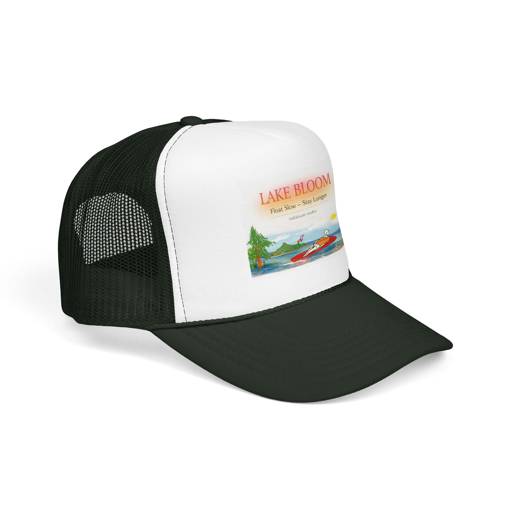 Lake Bloom Trucker Hat – Retro Lake Scene Foam Cap (Boat & Sunset)