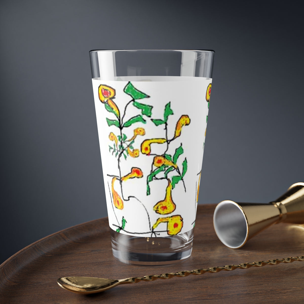 16oz Floral Mixing Glass – Hand-Drawn Yellow Wildflower Cocktail Glass
