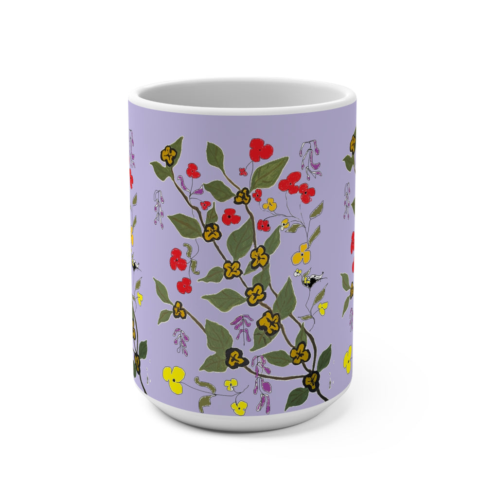 Hand-Drawn Floral Vine Mug | Purple Background, Red & Yellow Blooms