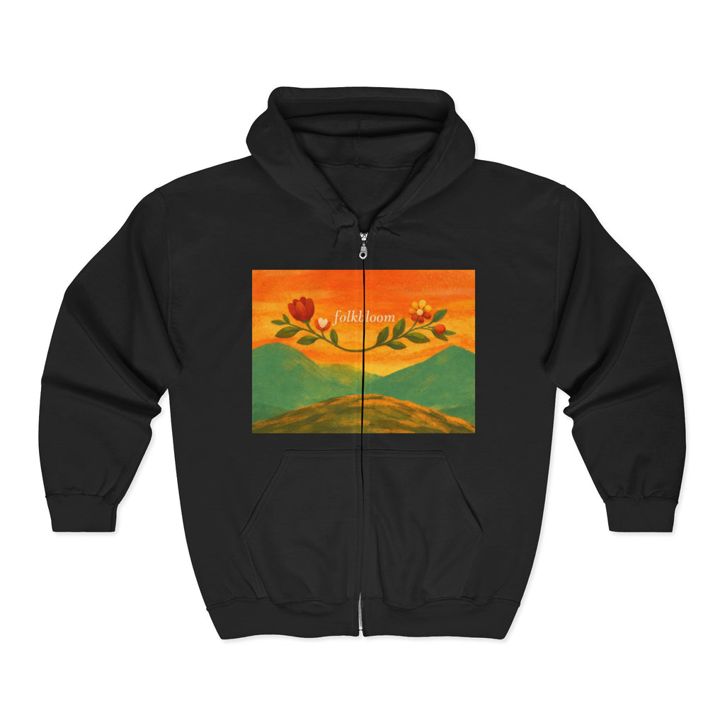 Full-Zip Hoodie — 'Folk Bloom' Floral Sunset Zip-Up