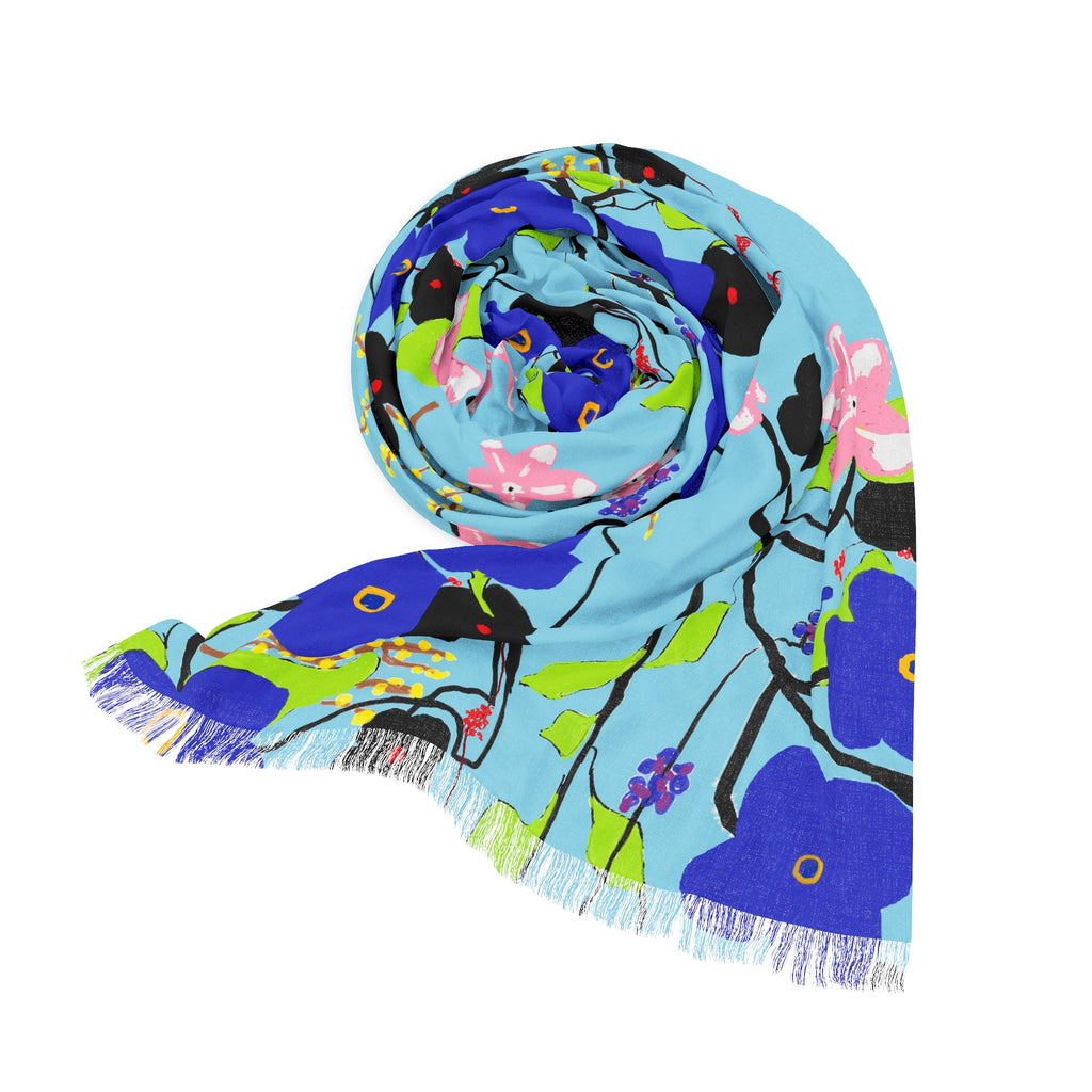 Lightweight Floral Scarf — Blue Pansy Pattern