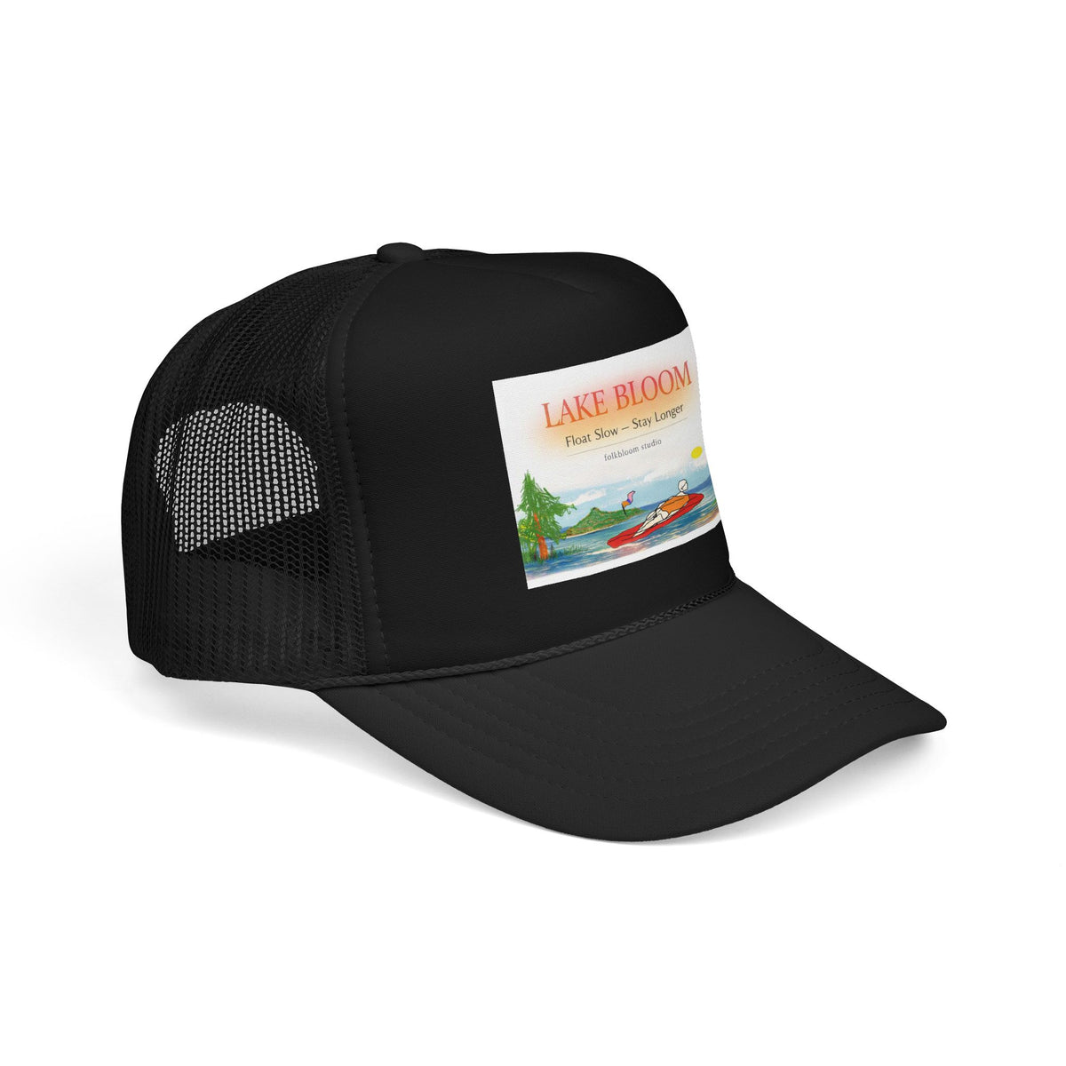 Lake Bloom Trucker Hat – Retro Lake Scene Foam Cap (Boat & Sunset)