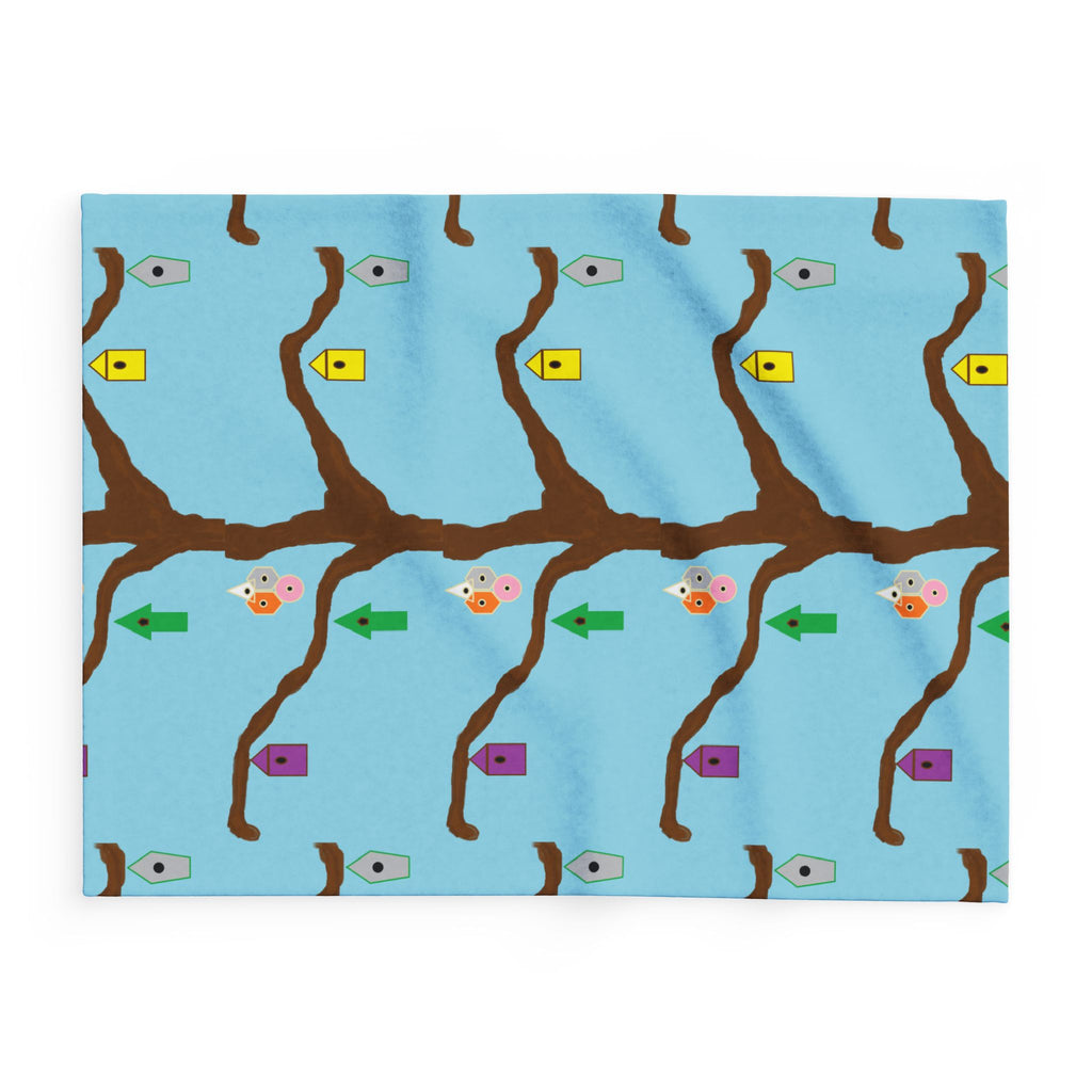Blue Birdhouse Fleece Blanket — Playful Tree & Birds Cozy Throw