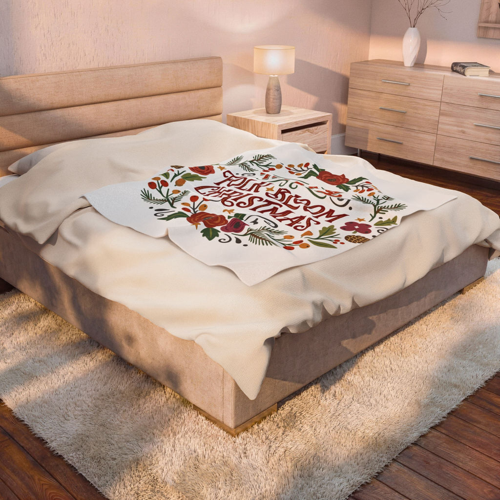 Christmas Velveteen Plush Blanket — "Happy Folk Bloom Christmas" Floral Holiday Throw