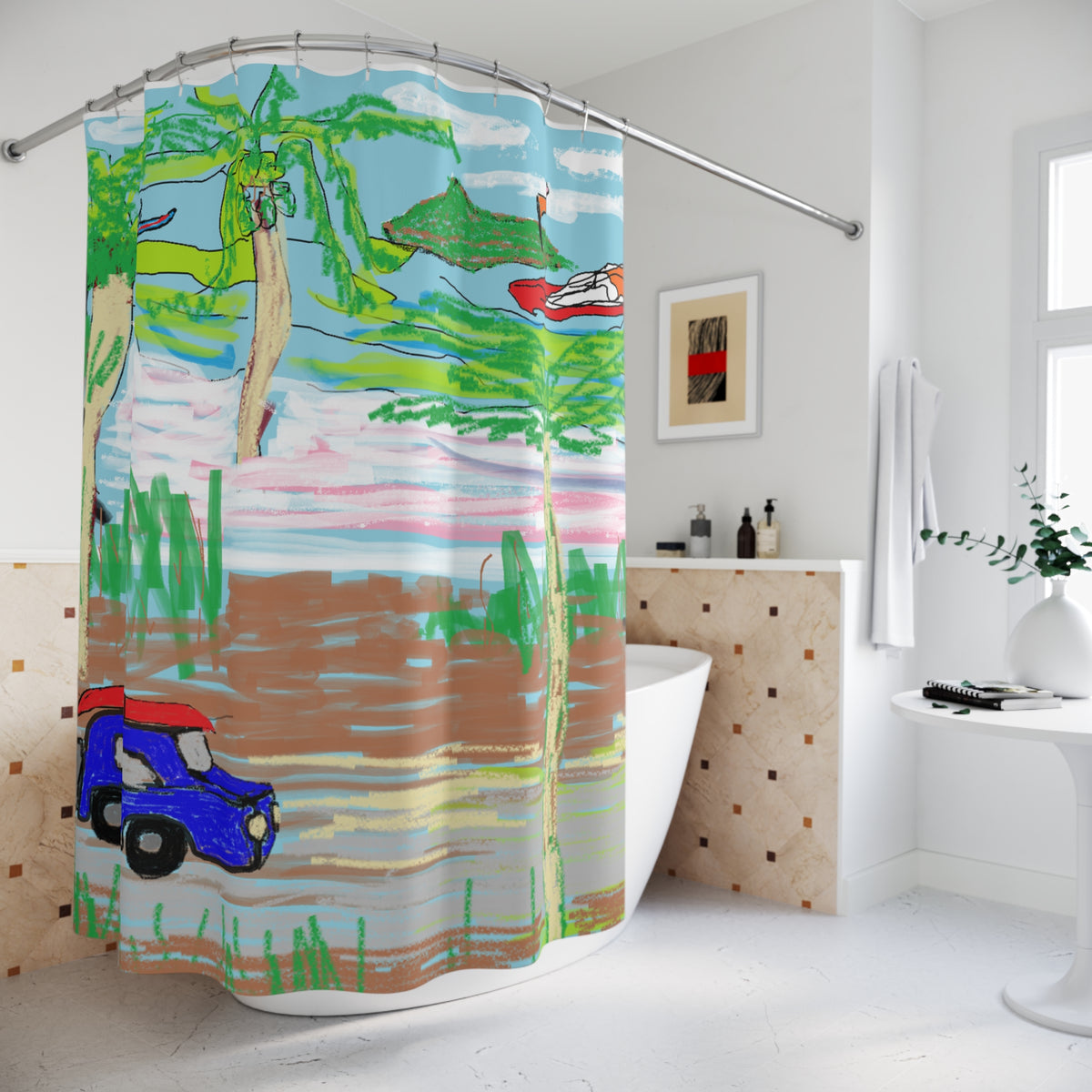 Coastal Road Trip Shower Curtain — Hand-Drawn Beach, Kayak & SUV Bathroom Decor