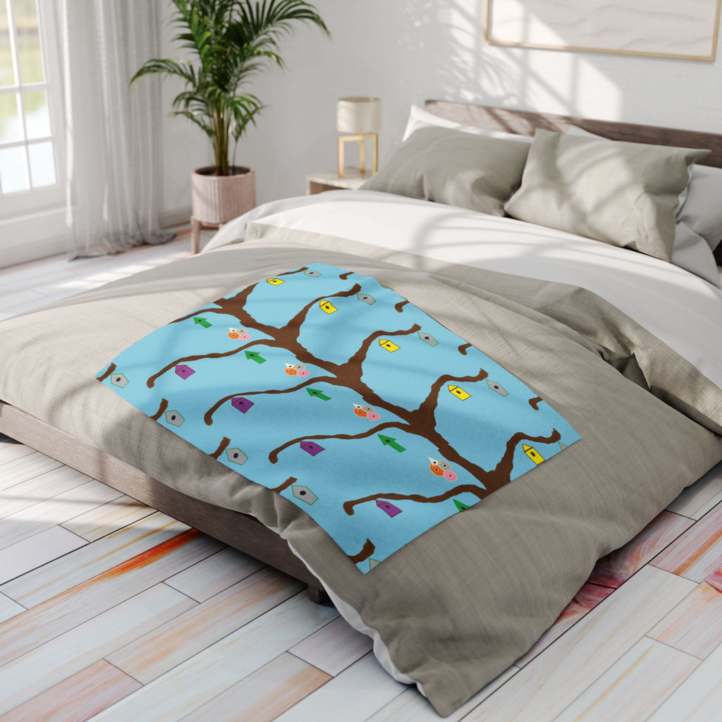 Blue Birdhouse Fleece Blanket — Playful Tree & Birds Cozy Throw