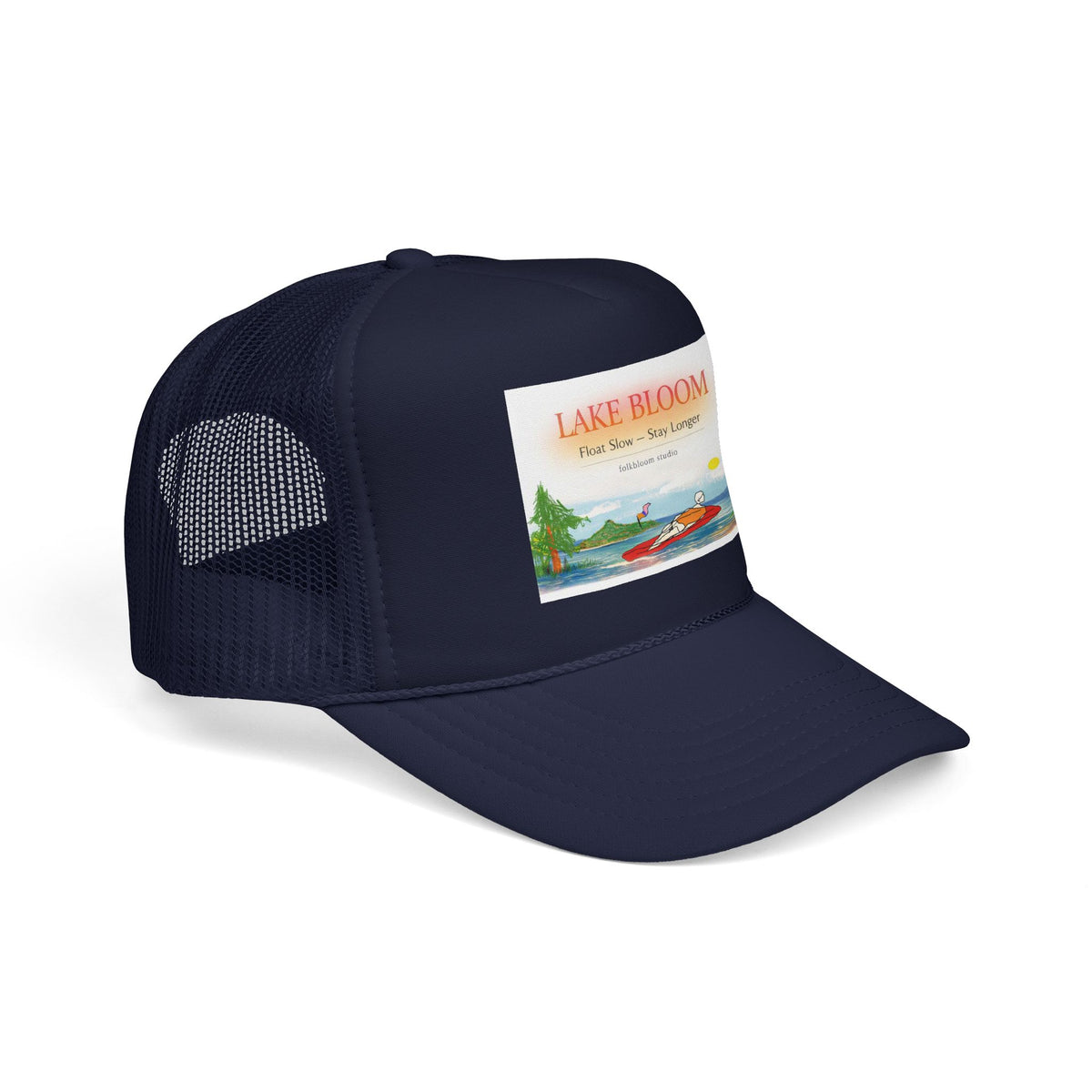 Lake Bloom Trucker Hat – Retro Lake Scene Foam Cap (Boat & Sunset)