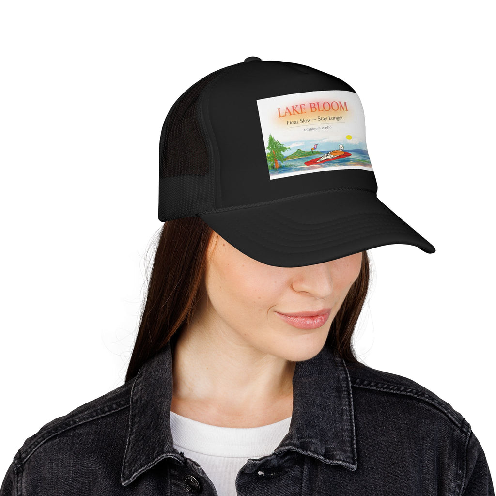 Lake Bloom Trucker Hat – Retro Lake Scene Foam Cap (Boat & Sunset)