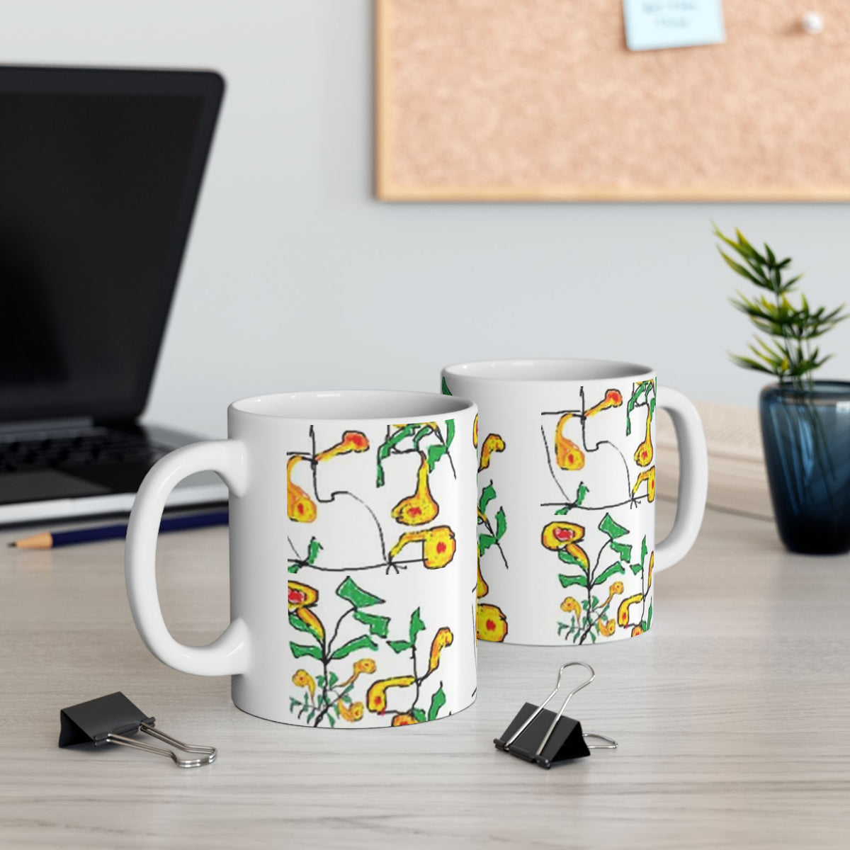 Yellow Floral Ceramic Mug — Hand-Drawn Wildflower Pattern (11oz & 15oz)