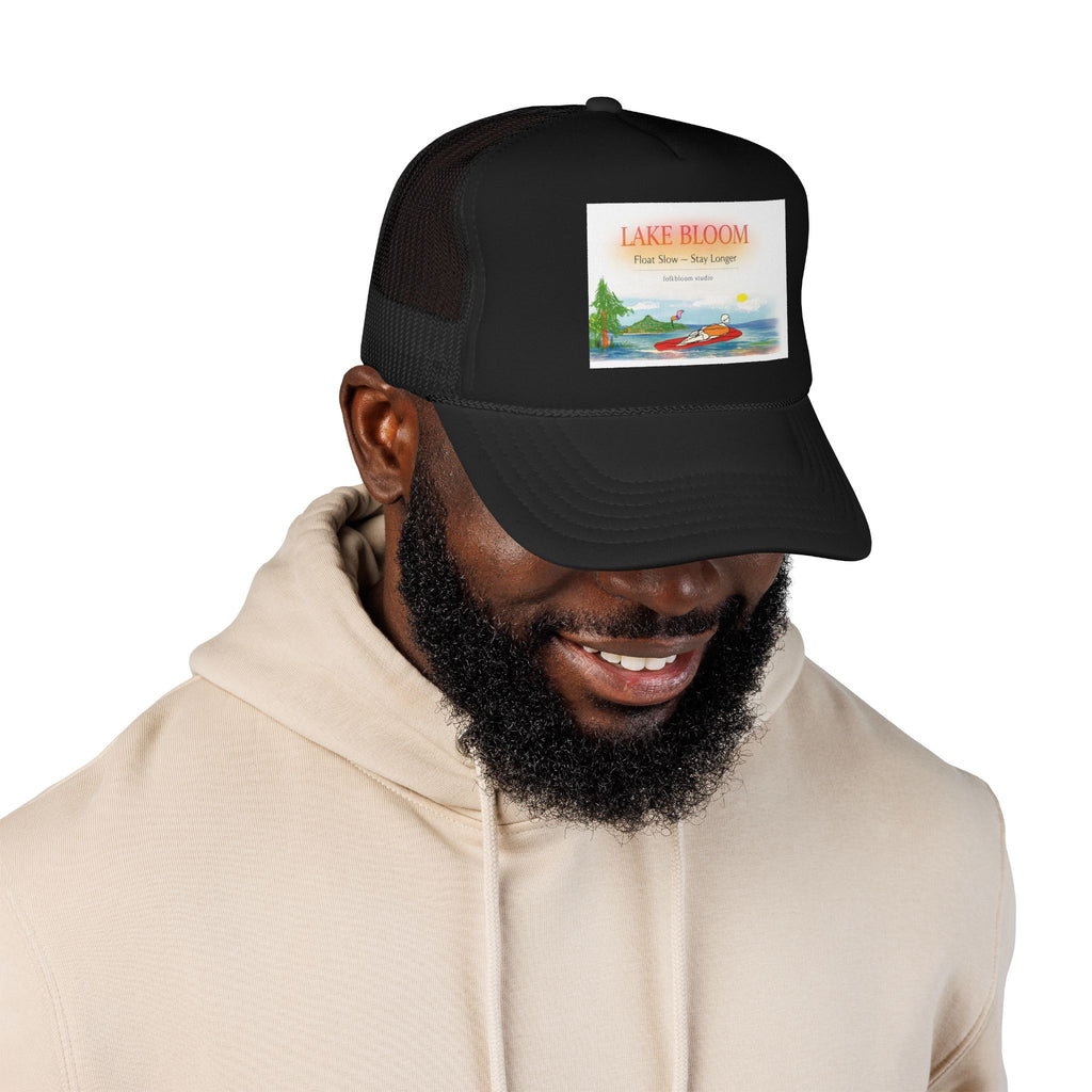Lake Bloom Trucker Hat – Retro Lake Scene Foam Cap (Boat & Sunset)