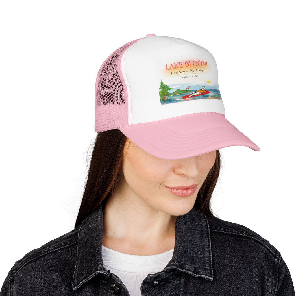 Lake Bloom Trucker Hat – Retro Lake Scene Foam Cap (Boat & Sunset)