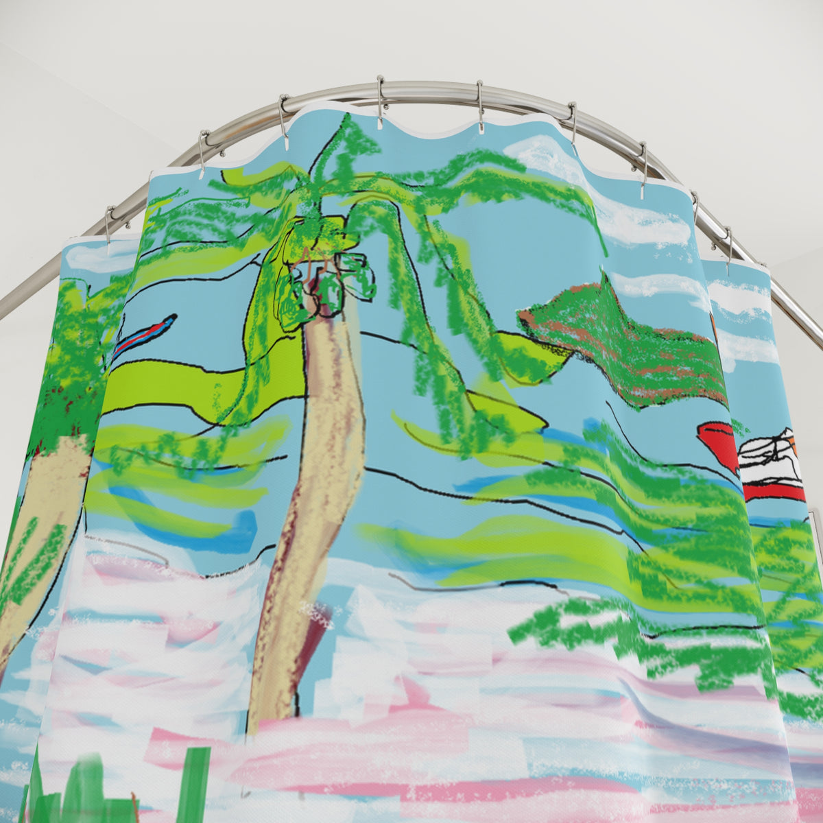 Coastal Road Trip Shower Curtain — Hand-Drawn Beach, Kayak & SUV Bathroom Decor
