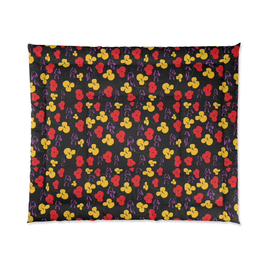 Floral Poppy Comforter – Bold Red & Yellow Flowers on Black Bedding