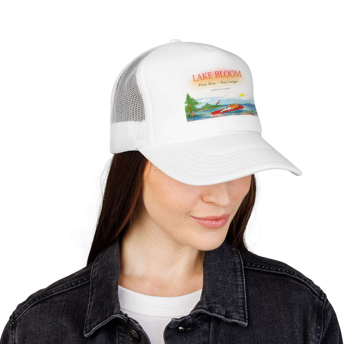 Lake Bloom Trucker Hat – Retro Lake Scene Foam Cap (Boat & Sunset)