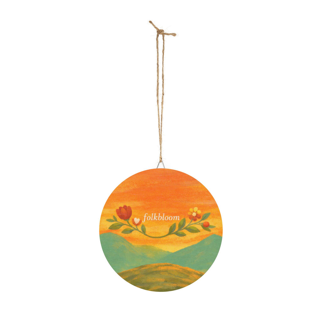 Folk Bloom Round Wood Sign – Floral Sunset Decorative Plaque
