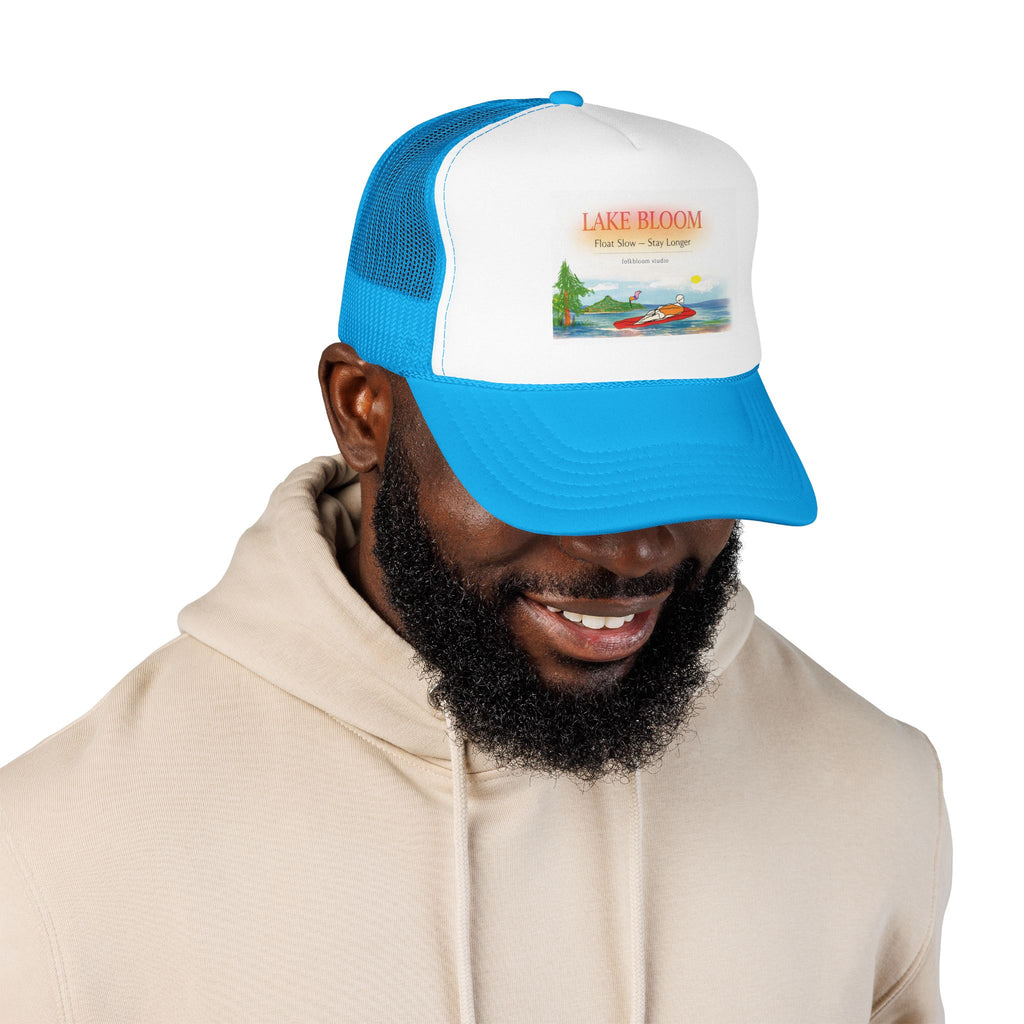 Lake Bloom Trucker Hat – Retro Lake Scene Foam Cap (Boat & Sunset)