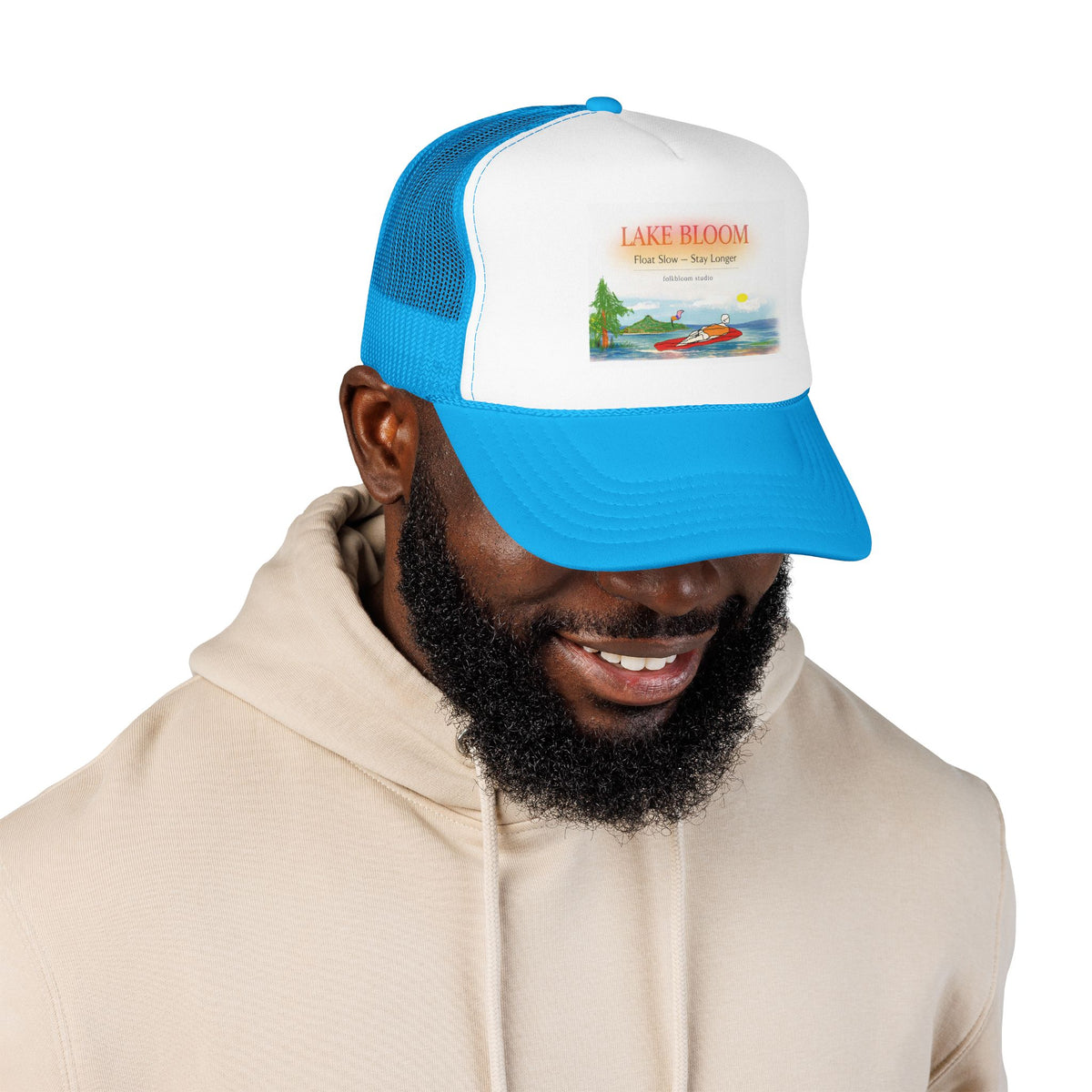 Lake Bloom Trucker Hat – Retro Lake Scene Foam Cap (Boat & Sunset)